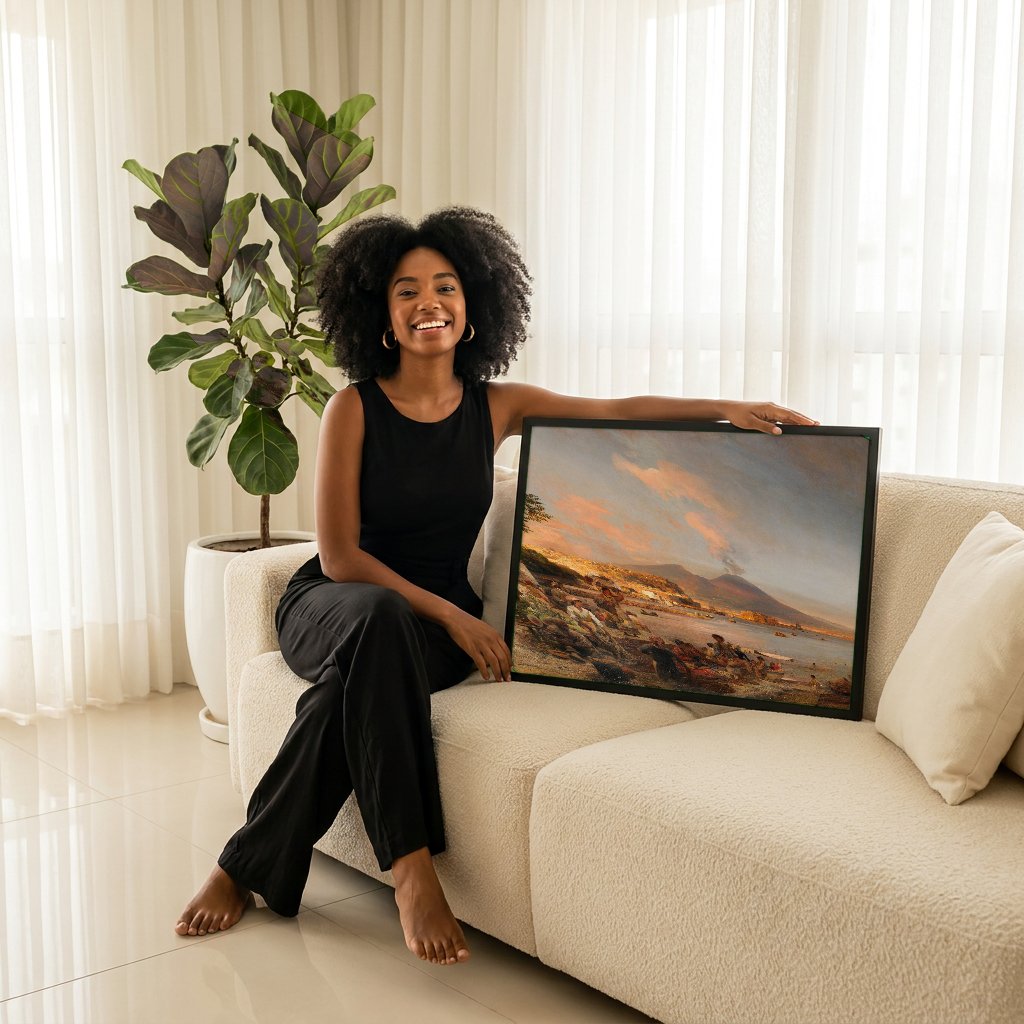 Quadro Decorativo Mercado em Nápoles - Oswald Achenbach com modelo em ambiente