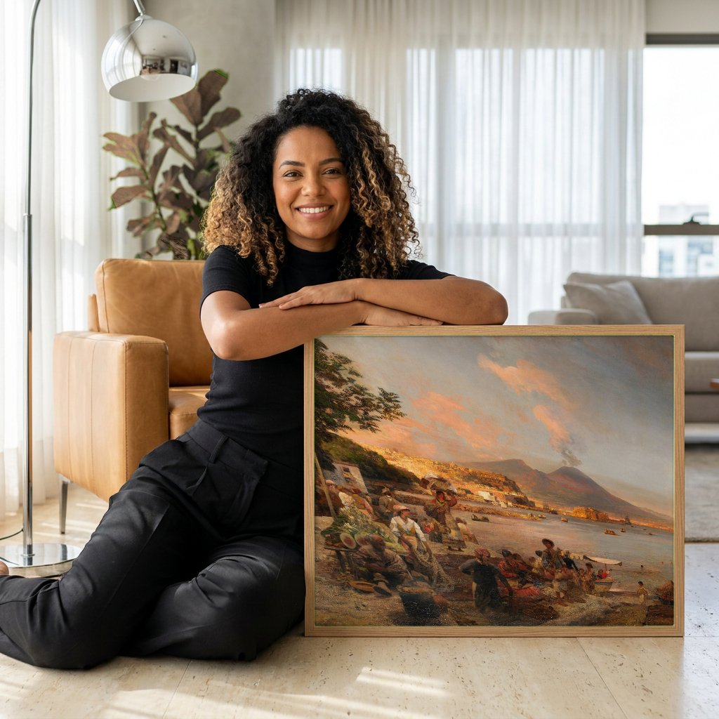 Quadro Decorativo Mercado em Nápoles - Oswald Achenbach com modelo em ambiente