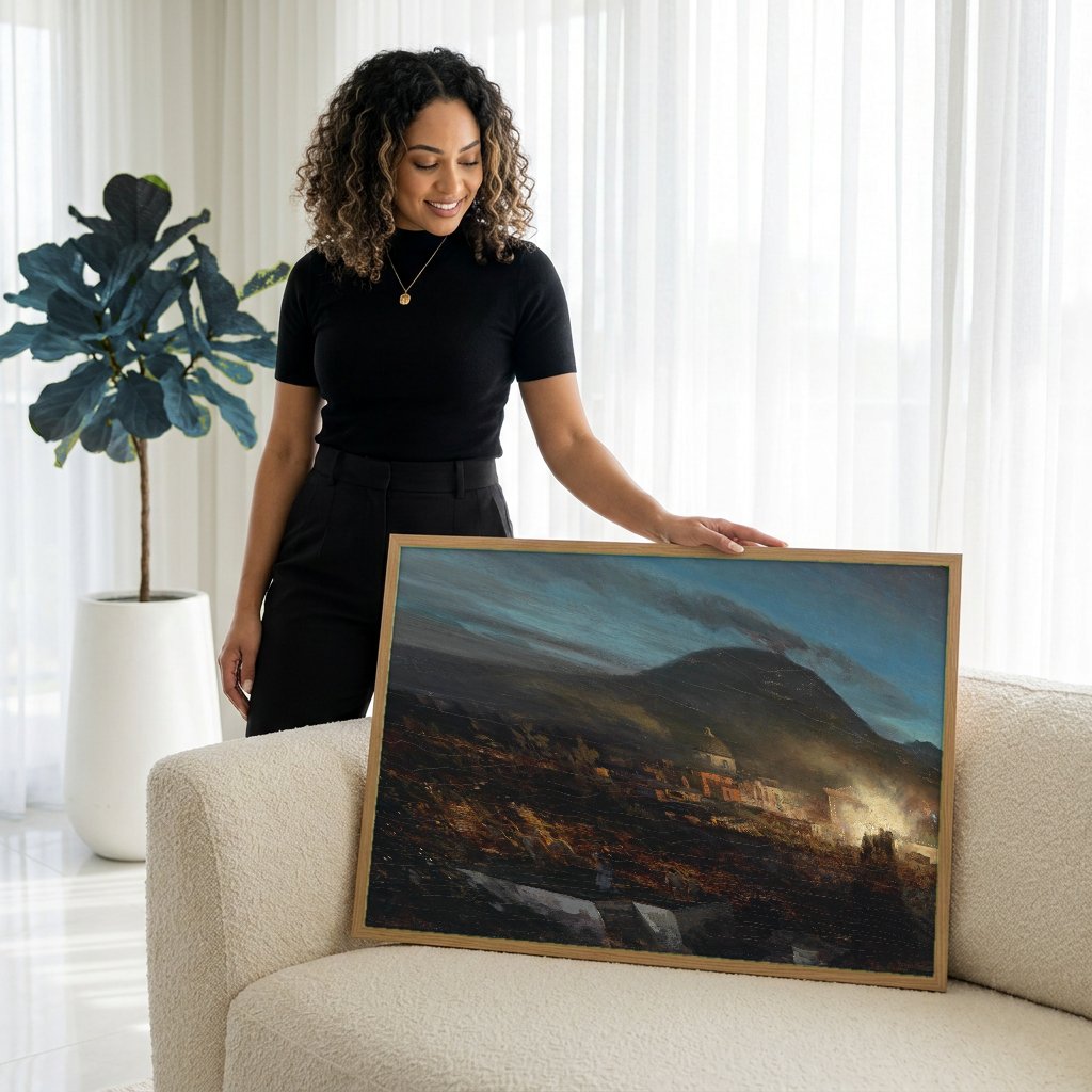 Quadro Decorativo Erupção do Vesúvio - Oswald Achenbach com modelo em ambiente