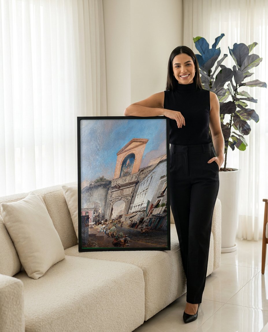 Quadro Decorativo Mercado em Nápoles - Oswald Achenbach com modelo em ambiente
