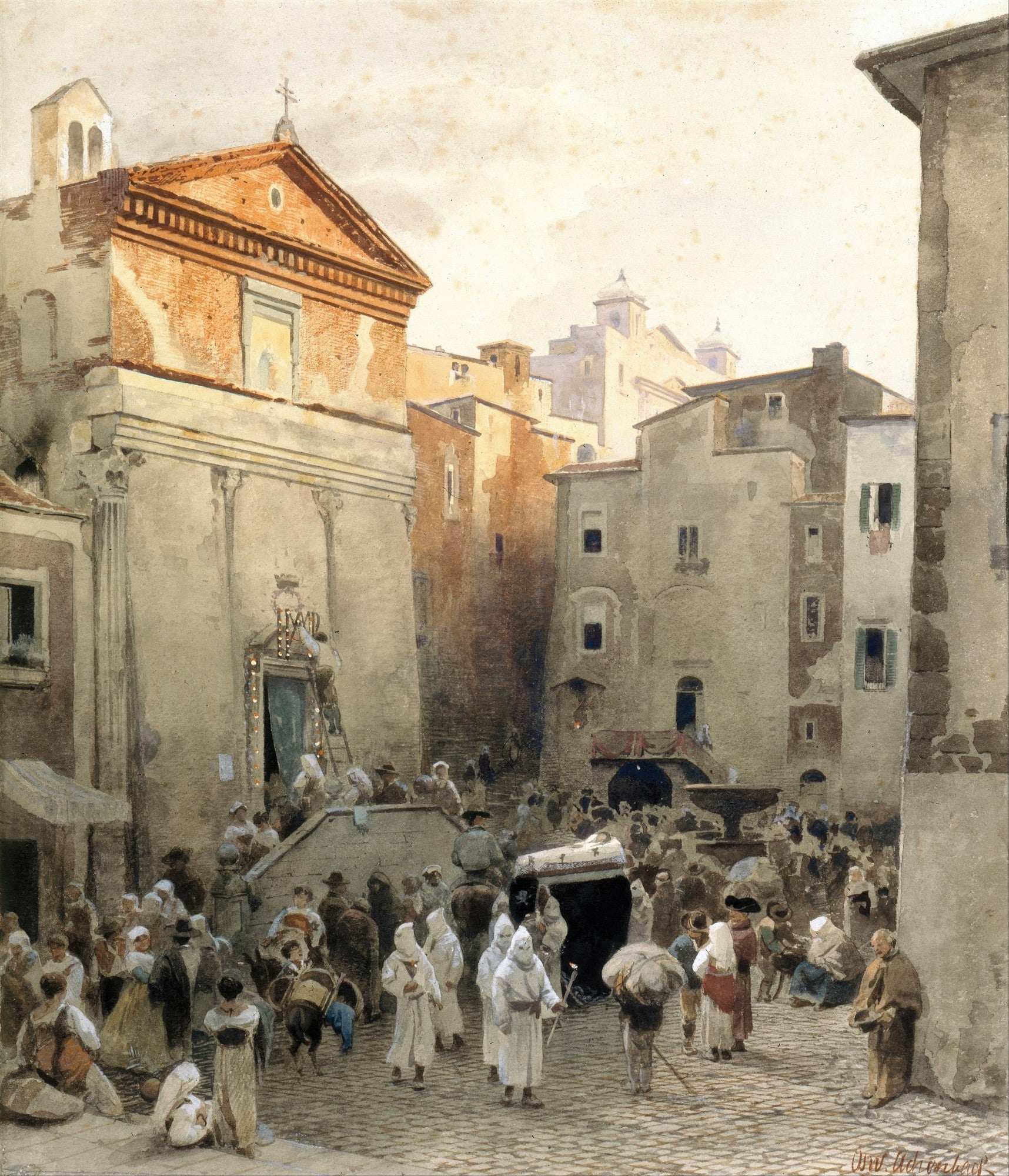 Quadro de Oswald Achenbach retratando uma movimentada praça italiana com uma igreja e edifícios antigos, pessoas vestindo roupas tradicionais, e luz dourada do sol.