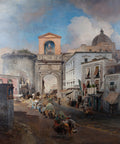 Quadro decorativo mostrando uma cena de mercado movimentado em Nápoles, Itália, com um arco monumental e edifícios antigos sob um céu azul com nuvens brancas, pintado por Oswald Achenbach.