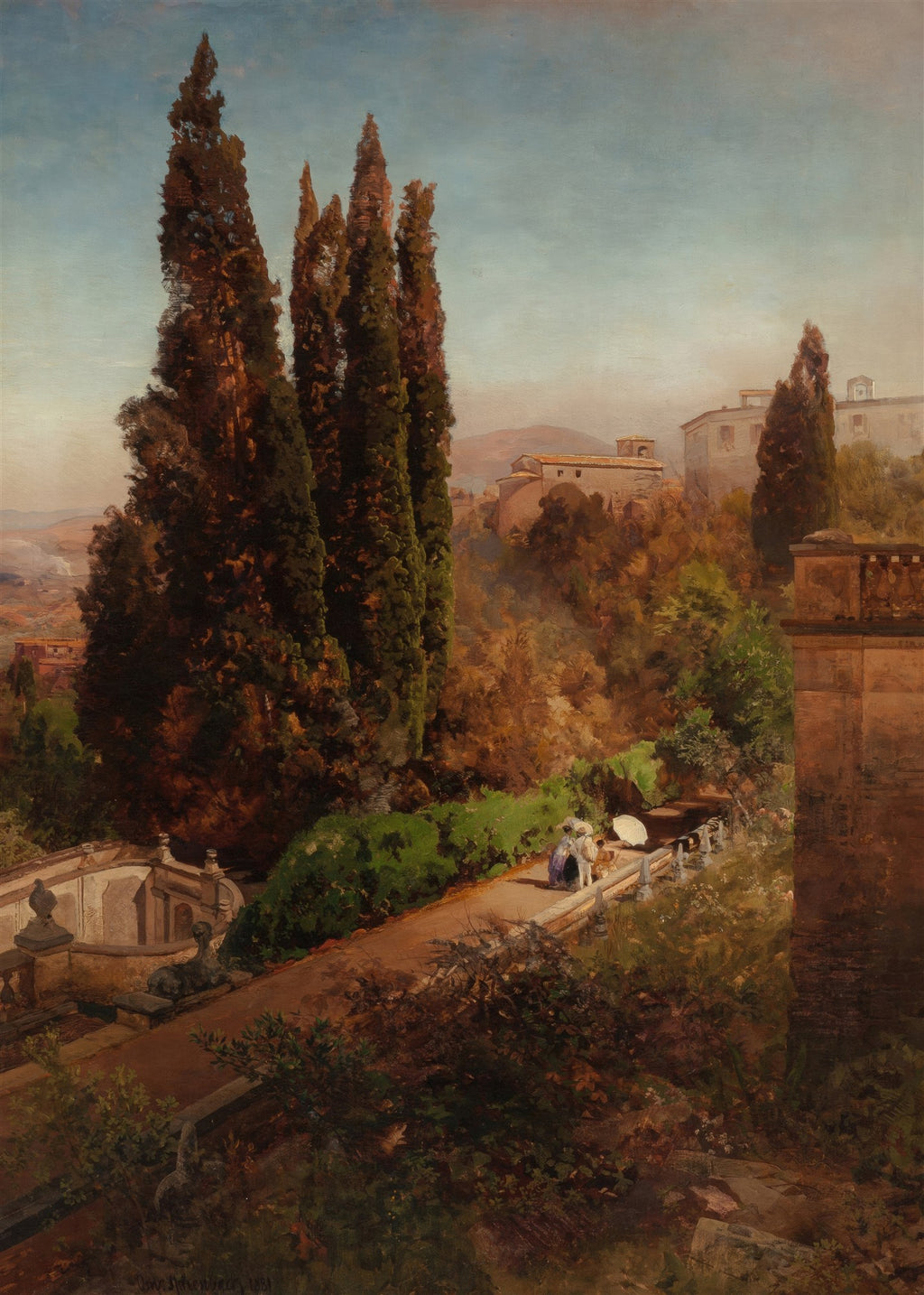Pintura a óleo de Oswald Achenbach retratando uma paisagem mediterrânea com ciprestes altos, edifícios históricos em tons terrosos e uma pequena ponte com figuras caminhando, sob um céu azul claro.