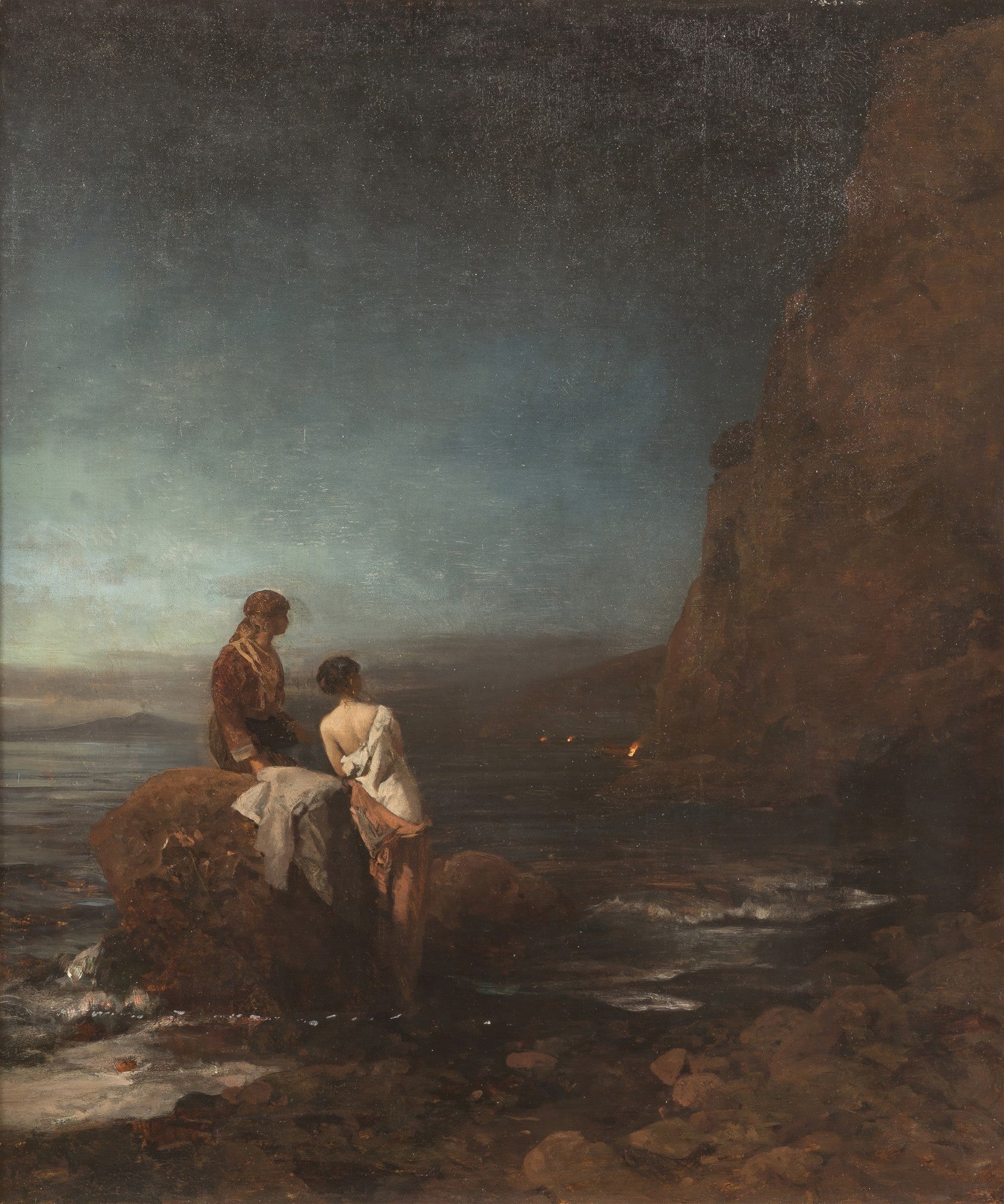 Quadro decorativo com a obra 'O Naufrágio' de Oswald Achenbach, mostrando duas figuras em uma rocha à beira-mar, observando focos de luz na distância sob um céu escuro e dramático.
