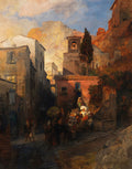 Quadro decorativo mostrando uma movimentada cena de rua em uma cidade italiana, com edifícios antigos, pessoas e montanhas ao fundo, sob uma luz dourada do fim de tarde. Atribuído a Oswald Achenbach.