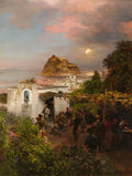 Quadro decorativo mostrando uma cena noturna na costa italiana com pessoas reunidas, um vilarejo e uma ilha rochosa sob a luz da lua cheia, com céu crepuscular.
