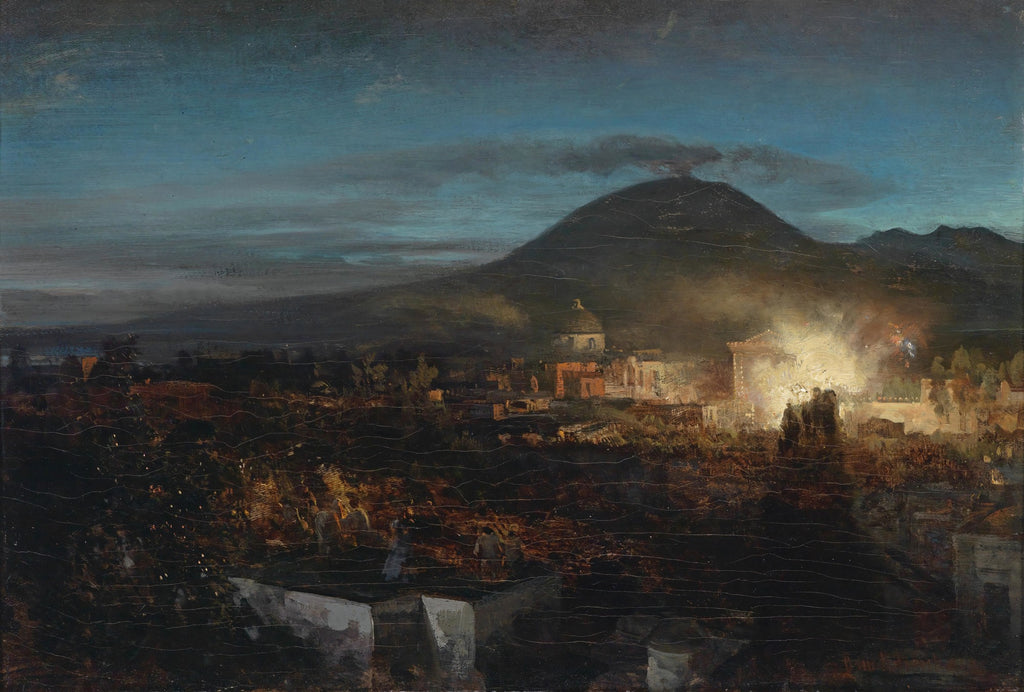 Quadro decorativo noturno da Erupção do Vesúvio, com fumaça e brilho laranja sobre uma cidade escura, atribuído a Oswald Achenbach.