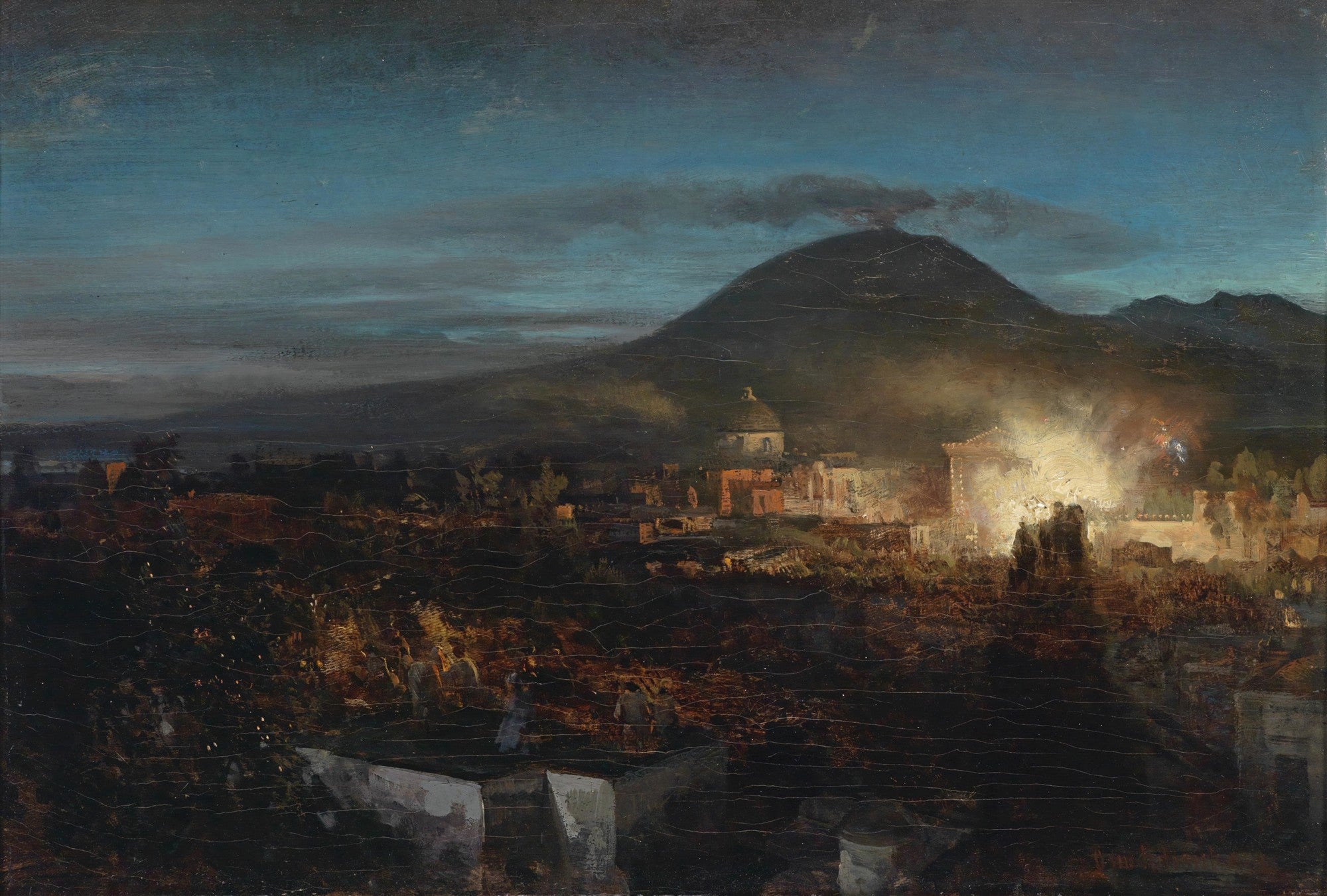 Quadro decorativo noturno da Erupção do Vesúvio, com fumaça e brilho laranja sobre uma cidade escura, atribuído a Oswald Achenbach.