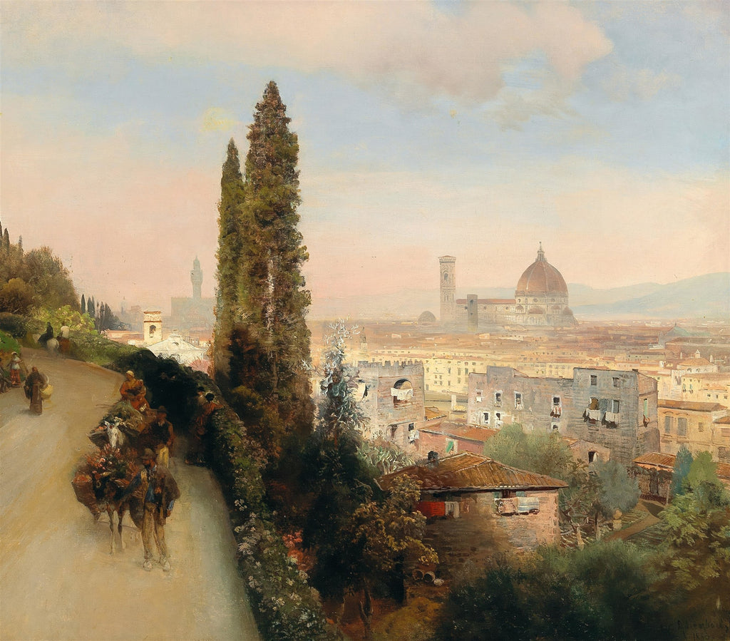 Quadro decorativo mostrando uma vista panorâmica de Florença, Itália, ao entardecer, com a cúpula da catedral e a torre do sino ao fundo. Na lateral esquerda, um caminho sinuoso com pessoas e animais de carga, ladeado por ciprestes altos.