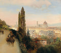 Quadro decorativo mostrando uma vista panorâmica de Florença, Itália, ao entardecer, com a cúpula da catedral e a torre do sino ao fundo. Na lateral esquerda, um caminho sinuoso com pessoas e animais de carga, ladeado por ciprestes altos.