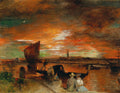 Quadro decorativo mostrando um pôr do sol vibrante sobre os canais de Veneza, com gôndolas e a silhueta da cidade ao fundo, pintado por Oswald Achenbach.