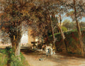 Quadro decorativo com pintura a óleo de Oswald Achenbach, mostrando um caminho sombrio e arborizado em um jardim italiano, com pessoas passeando e uma fonte, em tons de verde, marrom e azul.