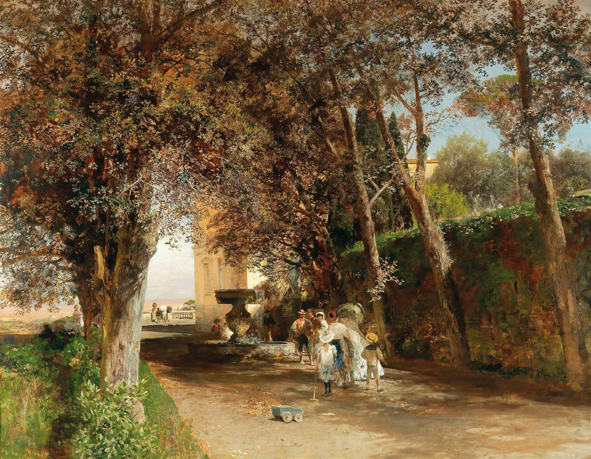 Quadro decorativo com pintura a óleo de Oswald Achenbach, mostrando um caminho sombrio e arborizado em um jardim italiano, com pessoas passeando e uma fonte, em tons de verde, marrom e azul.