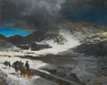 Quadro decorativo de uma paisagem montanhosa nevada com céu dramático azul e cinza, pessoas com animais de carga e uma fogueira em primeiro plano. Atribuído a Oswald Achenbach.