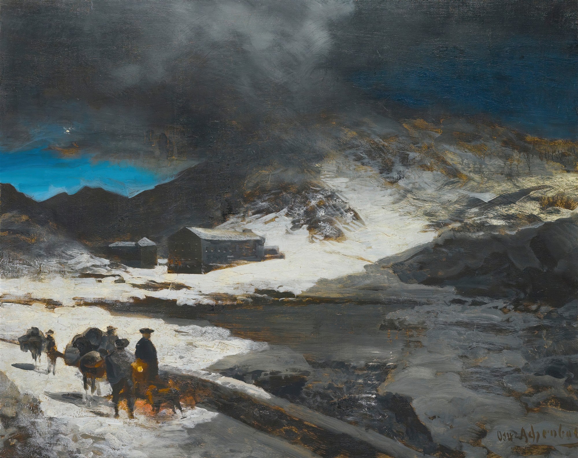 Quadro decorativo de uma paisagem montanhosa nevada com céu dramático azul e cinza, pessoas com animais de carga e uma fogueira em primeiro plano. Atribuído a Oswald Achenbach.