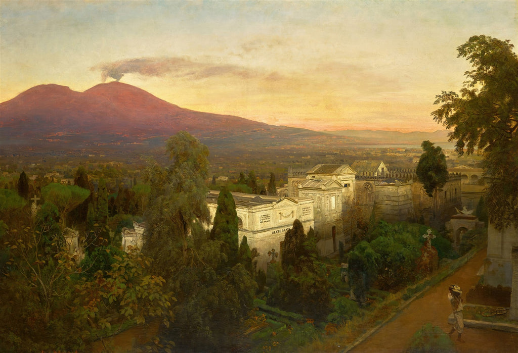 Pintura de Oswald Achenbach mostrando o Monte Vesúvio em erupção suave ao fundo, com um cemitério e paisagem urbana em primeiro plano ao pôr do sol.