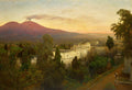 Pintura de Oswald Achenbach mostrando o Monte Vesúvio em erupção suave ao fundo, com um cemitério e paisagem urbana em primeiro plano ao pôr do sol.