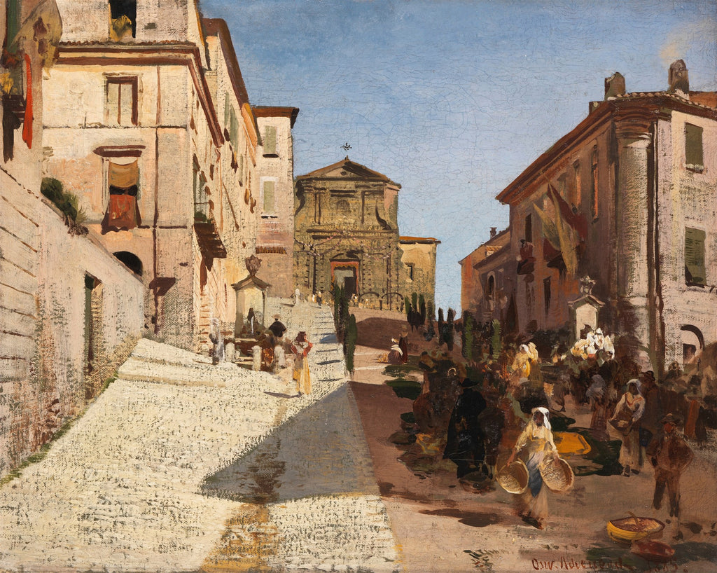 Quadro decorativo mostrando uma movimentada rua italiana com edifícios antigos, pessoas e uma igreja ao fundo, sob um céu azul claro.