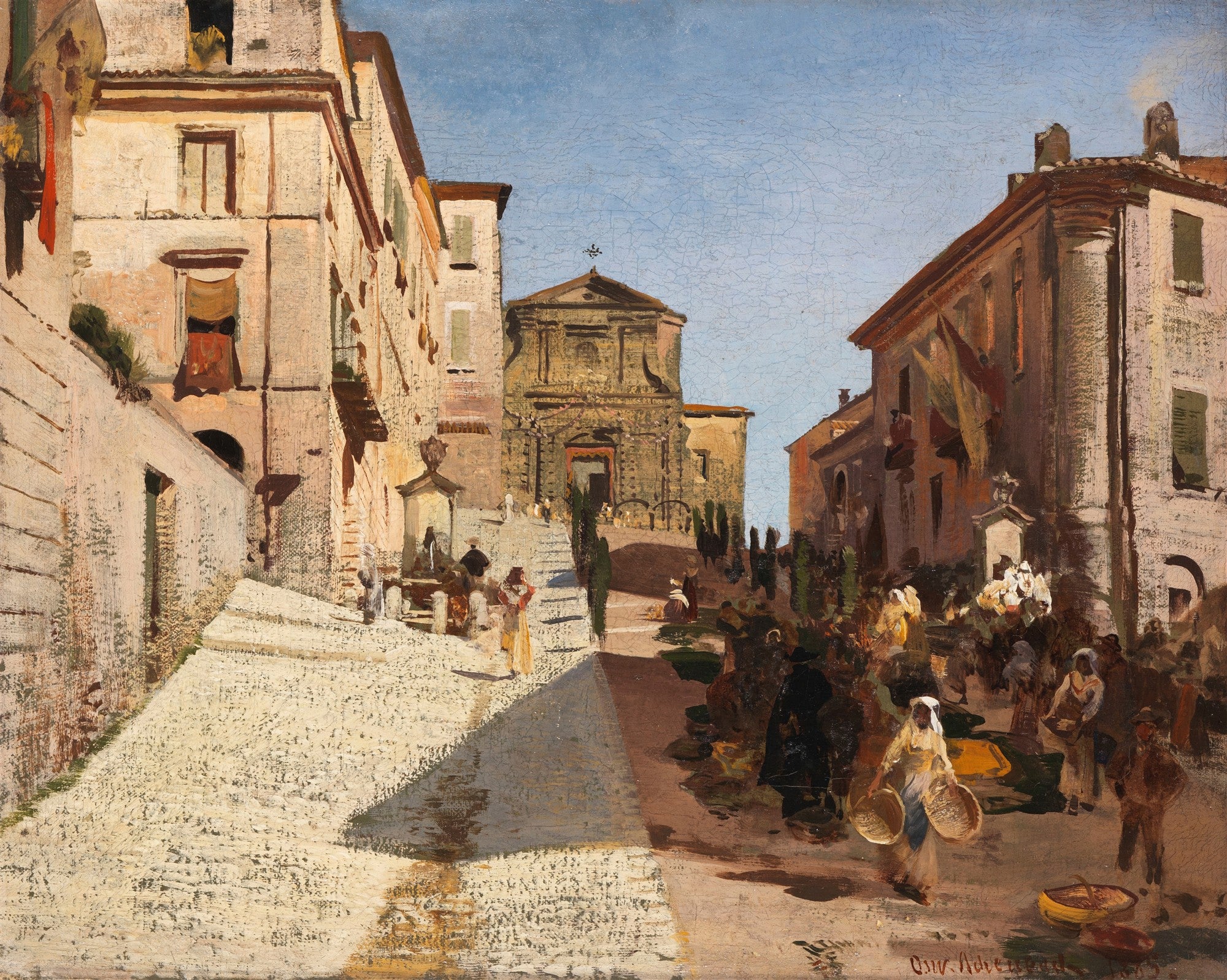 Quadro decorativo mostrando uma movimentada rua italiana com edifícios antigos, pessoas e uma igreja ao fundo, sob um céu azul claro.