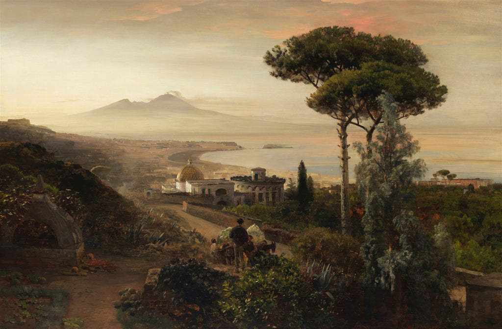 Quadro decorativo paisagem da Baía de Nápoles ao pôr do sol, com o Vesúvio ao fundo, casas costeiras e pessoas em um caminho, de Oswald Achenbach.