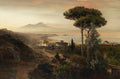 Quadro decorativo paisagem da Baía de Nápoles ao pôr do sol, com o Vesúvio ao fundo, casas costeiras e pessoas em um caminho, de Oswald Achenbach.