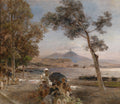 Pintura a óleo de Oswald Achenbach retratando o porto de Nápoles com o Vesúvio ao fundo, pessoas na orla e barcos na água
