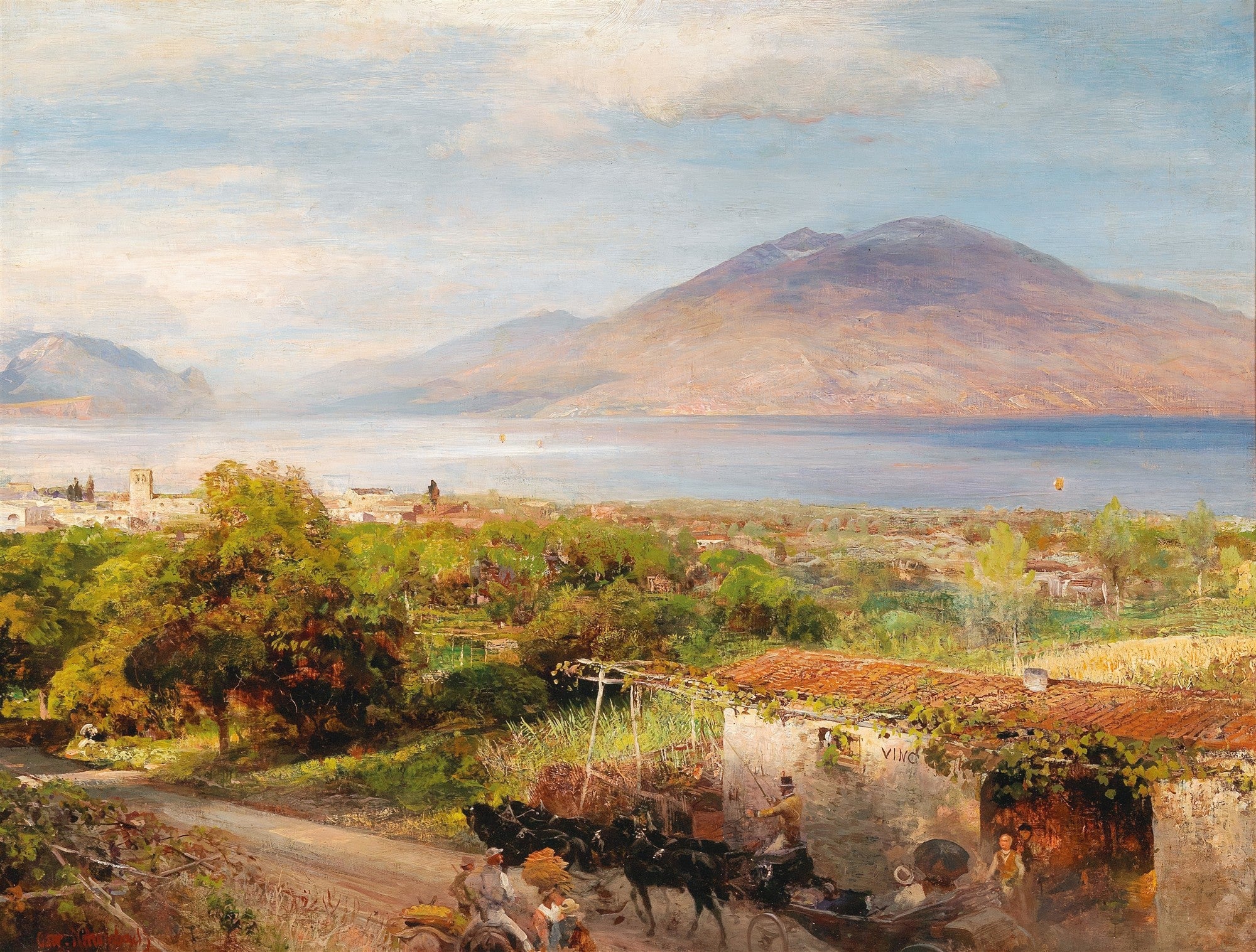 Pintura a óleo de Oswald Achenbach retratando uma paisagem ensolarada do Mediterrâneo com montanhas, um grande lago, uma cidade costeira e uma estrada com carroças em primeiro plano.