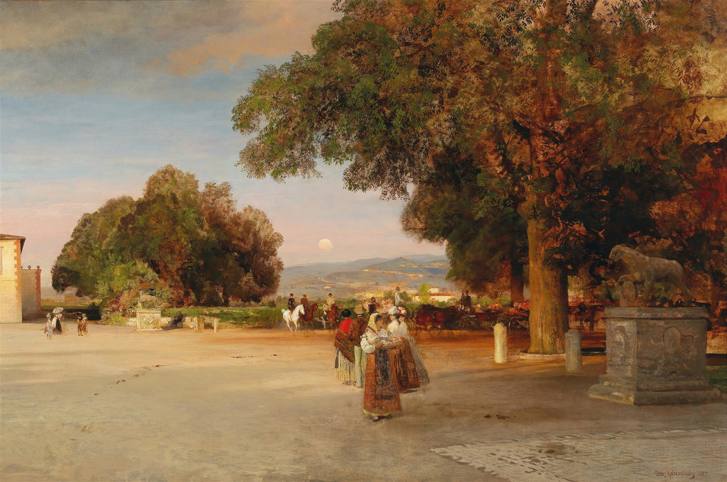 Quadro decorativo mostrando uma paisagem romana ao entardecer, com céu rosado, grandes árvores frondosas, figuras caminhando e a lua no horizonte. Uma estátua de leão é visível no primeiro plano à direita.