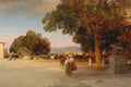 Quadro decorativo mostrando uma paisagem romana ao entardecer, com céu rosado, grandes árvores frondosas, figuras caminhando e a lua no horizonte. Uma estátua de leão é visível no primeiro plano à direita.