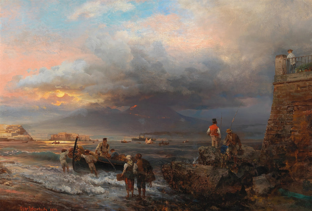 Quadro decorativo do artista Oswald Achenbach, exibindo uma cena de porto ao entardecer com pessoas em barcos e na costa, e um vulcão ao fundo sob um céu dramático.