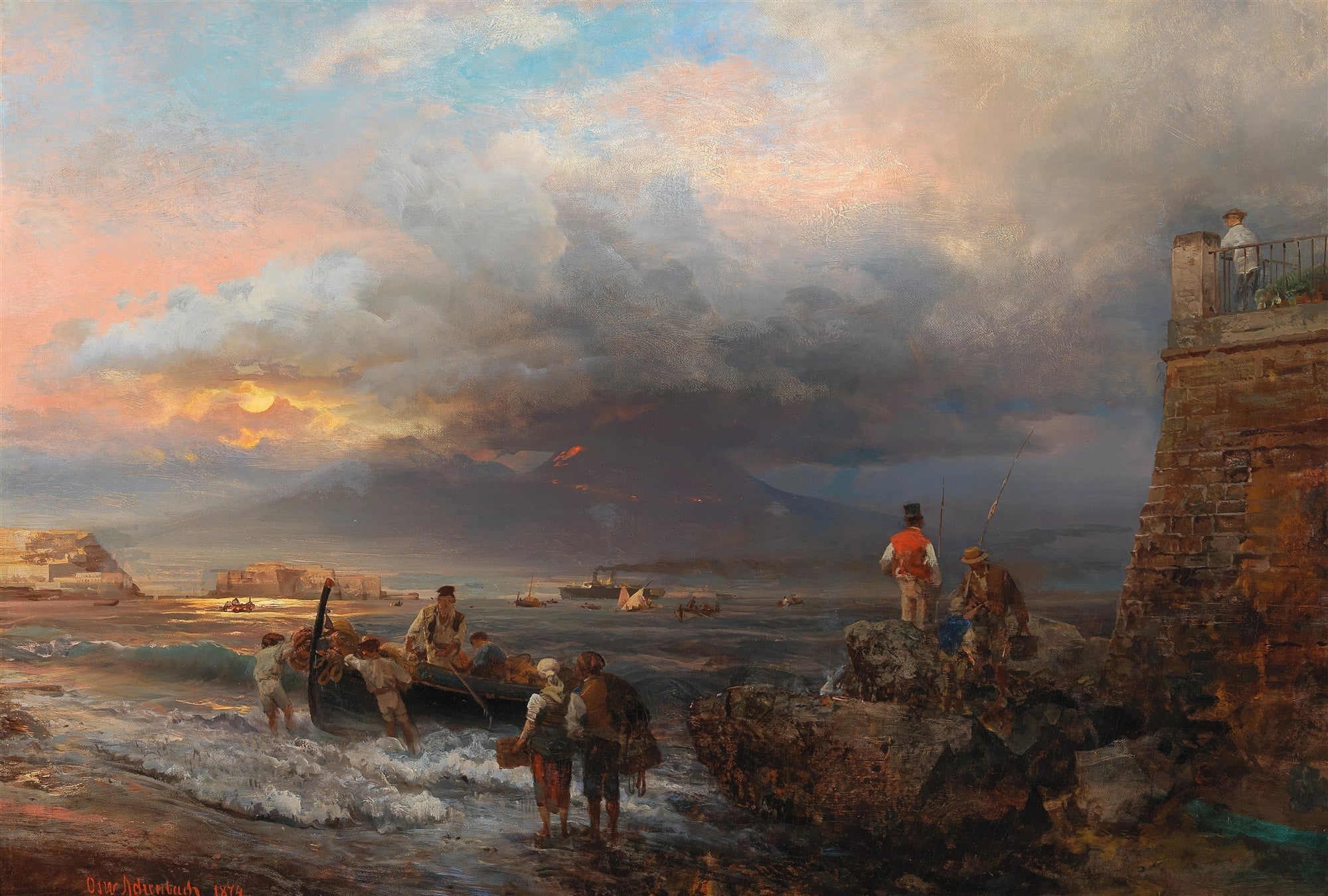 Quadro decorativo do artista Oswald Achenbach, exibindo uma cena de porto ao entardecer com pessoas em barcos e na costa, e um vulcão ao fundo sob um céu dramático.