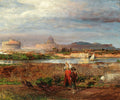 Quadro decorativo paisagem romana com rio, edifícios históricos como o Castelo de Santo Ângelo e a Basílica de São Pedro ao fundo, e figuras camponesas com perus em primeiro plano, atribuído a Oswald Achenbach.