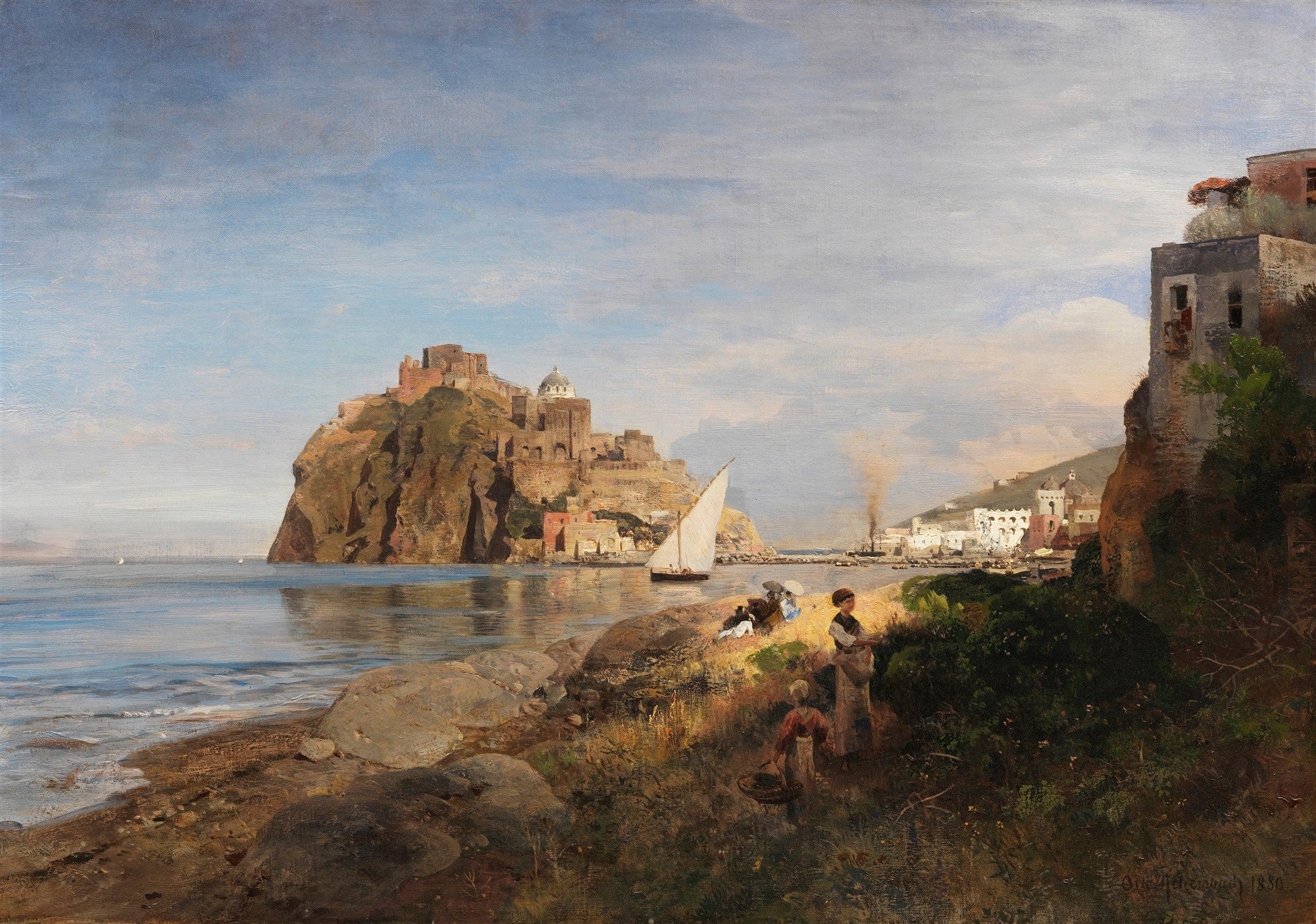 Quadro decorativo mostrando um porto italiano ensolarado com um castelo ou cidade fortificada em um rochedo à beira-mar, barcos na água e figuras na costa. A pintura é atribuída a Oswald Achenbach.