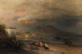 Quadro decorativo mostrando uma cena crepuscular na Baía de Nápoles, Itália, com o sol poente refletindo na água e montanhas ao fundo. Pessoas e barcos na praia e na água, com uma construção à esquerda. Obra de Oswald Achenbach.
