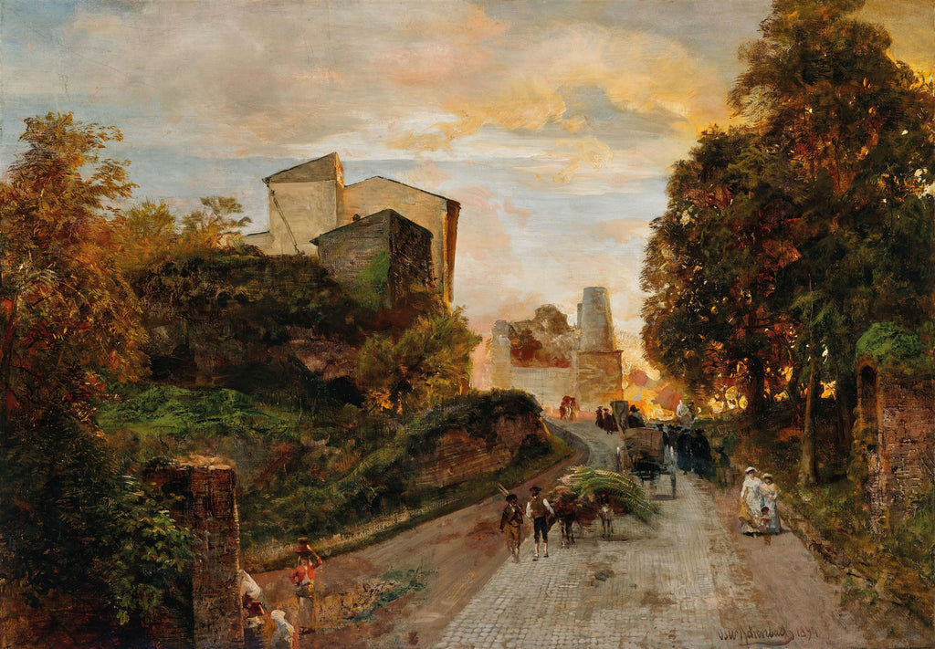 Quadro decorativo mostrando uma paisagem urbana ao pôr do sol, com edifícios antigos, árvores e figuras humanas caminhando por uma estrada de paralelepípedos. A luz dourada do sol poente ilumina o céu e a cena.