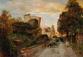 Quadro decorativo mostrando uma paisagem urbana ao pôr do sol, com edifícios antigos, árvores e figuras humanas caminhando por uma estrada de paralelepípedos. A luz dourada do sol poente ilumina o céu e a cena.