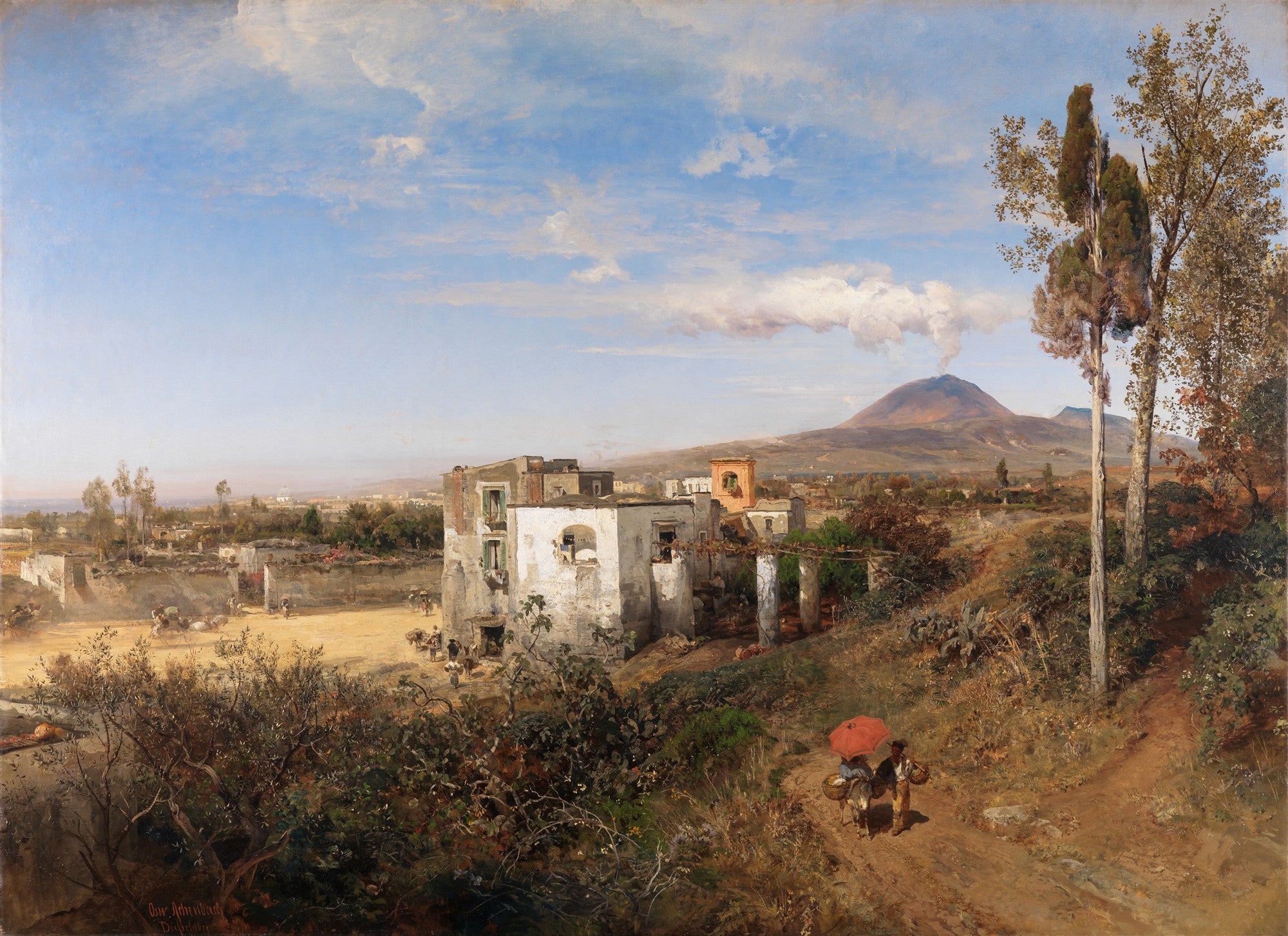 Pintura a óleo de Oswald Achenbach mostrando uma paisagem italiana com ruínas, pessoas e o Vesúvio fumegante ao fundo sob um céu azul claro.