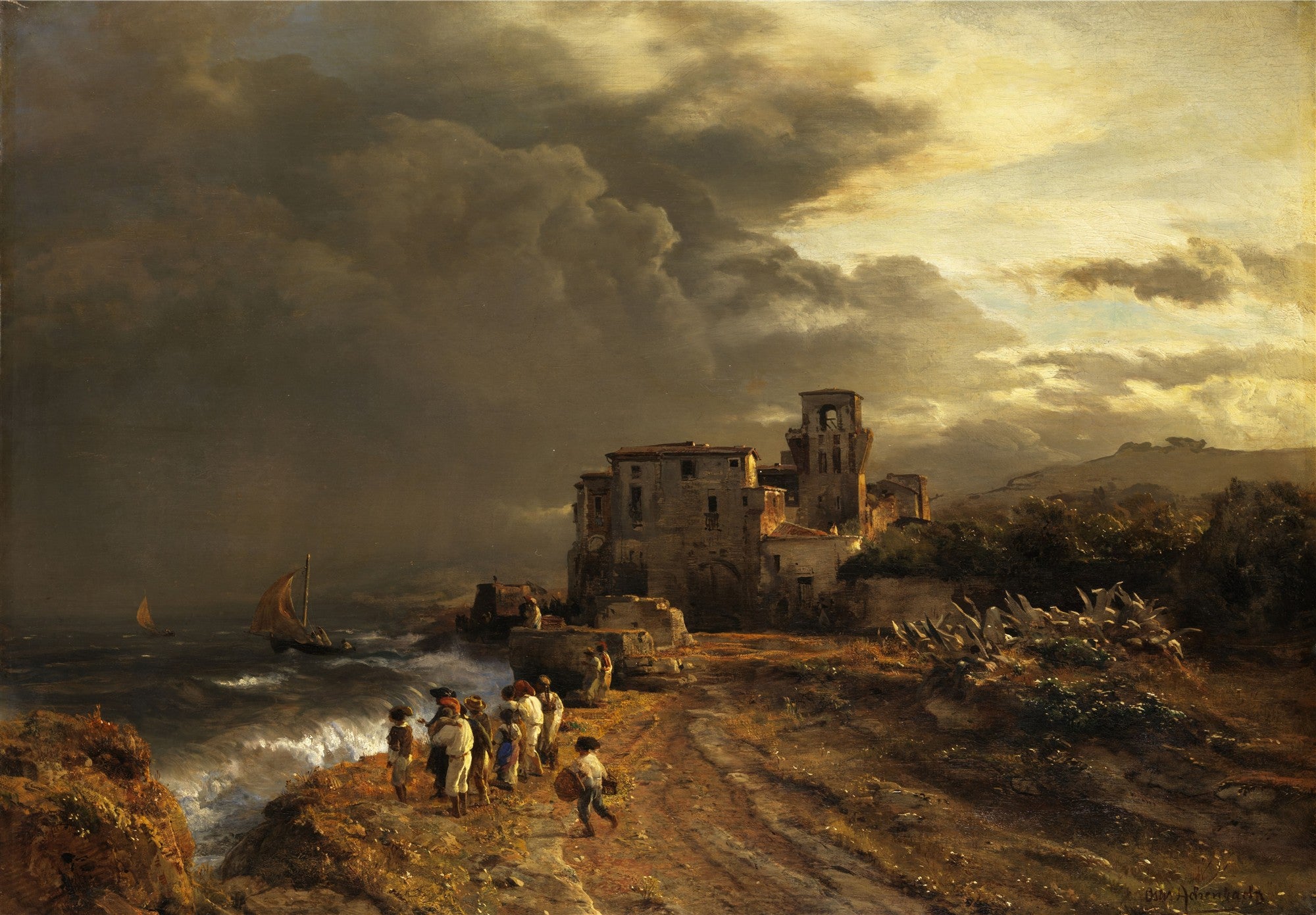 Uma pintura a óleo de Oswald Achenbach mostrando um porto italiano com edifícios antigos à beira-mar, sob um céu tempestuoso com nuvens escuras e um raio de luz dourada no horizonte. Pessoas observam as ondas e um barco no mar revolto.