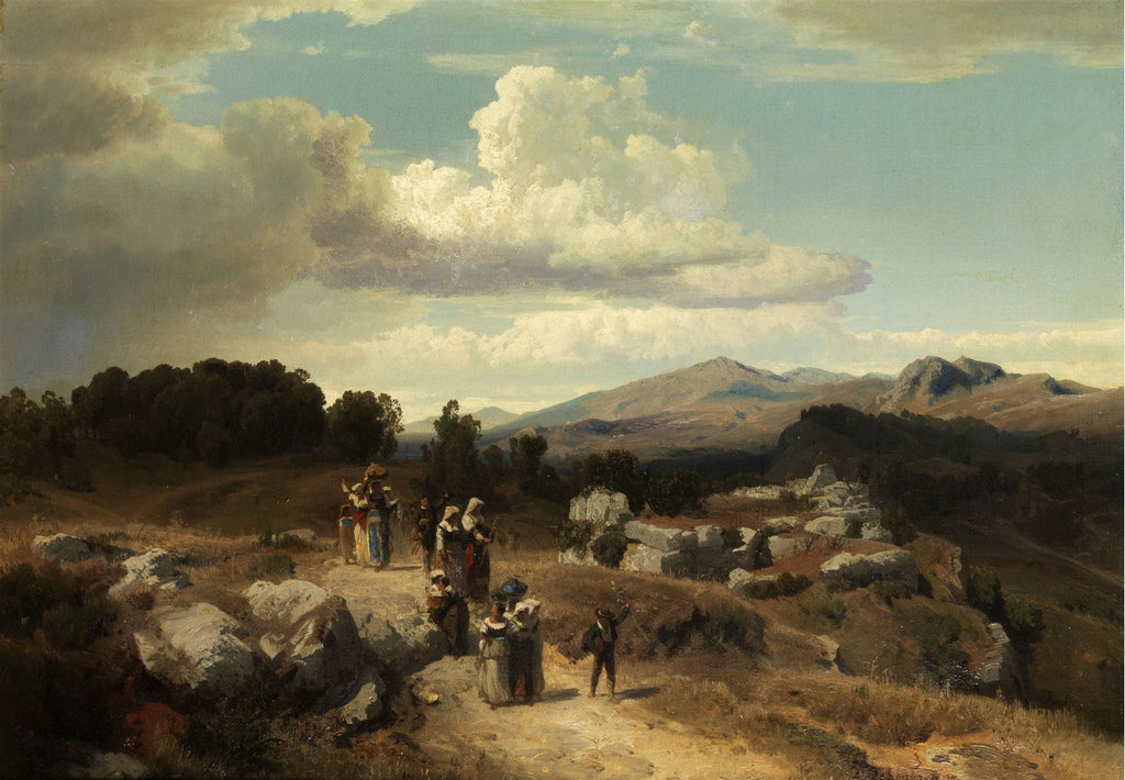 Pintura a óleo de Oswald Achenbach mostrando uma paisagem rural montanhosa com um céu nublado dramático e figuras caminhando por uma trilha.