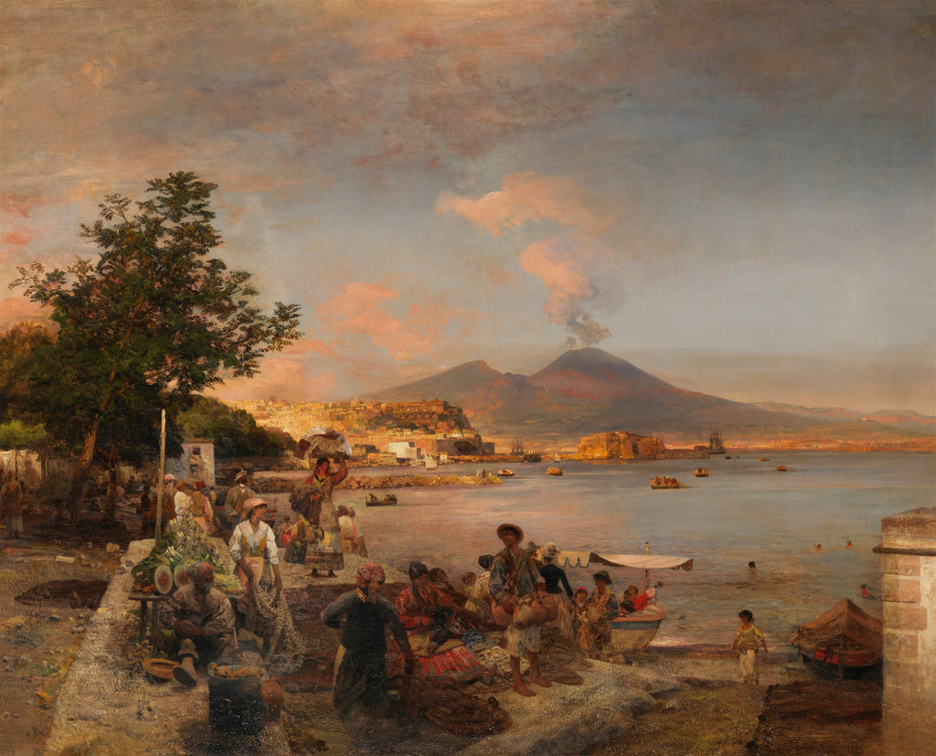 Quadro de Oswald Achenbach, 'Mercado em Nápoles', mostrando uma cena de mercado movimentada à beira-mar com o Vesúvio ao fundo, sob um céu alaranjado.