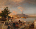 Quadro de Oswald Achenbach, 'Mercado em Nápoles', mostrando uma cena de mercado movimentada à beira-mar com o Vesúvio ao fundo, sob um céu alaranjado.