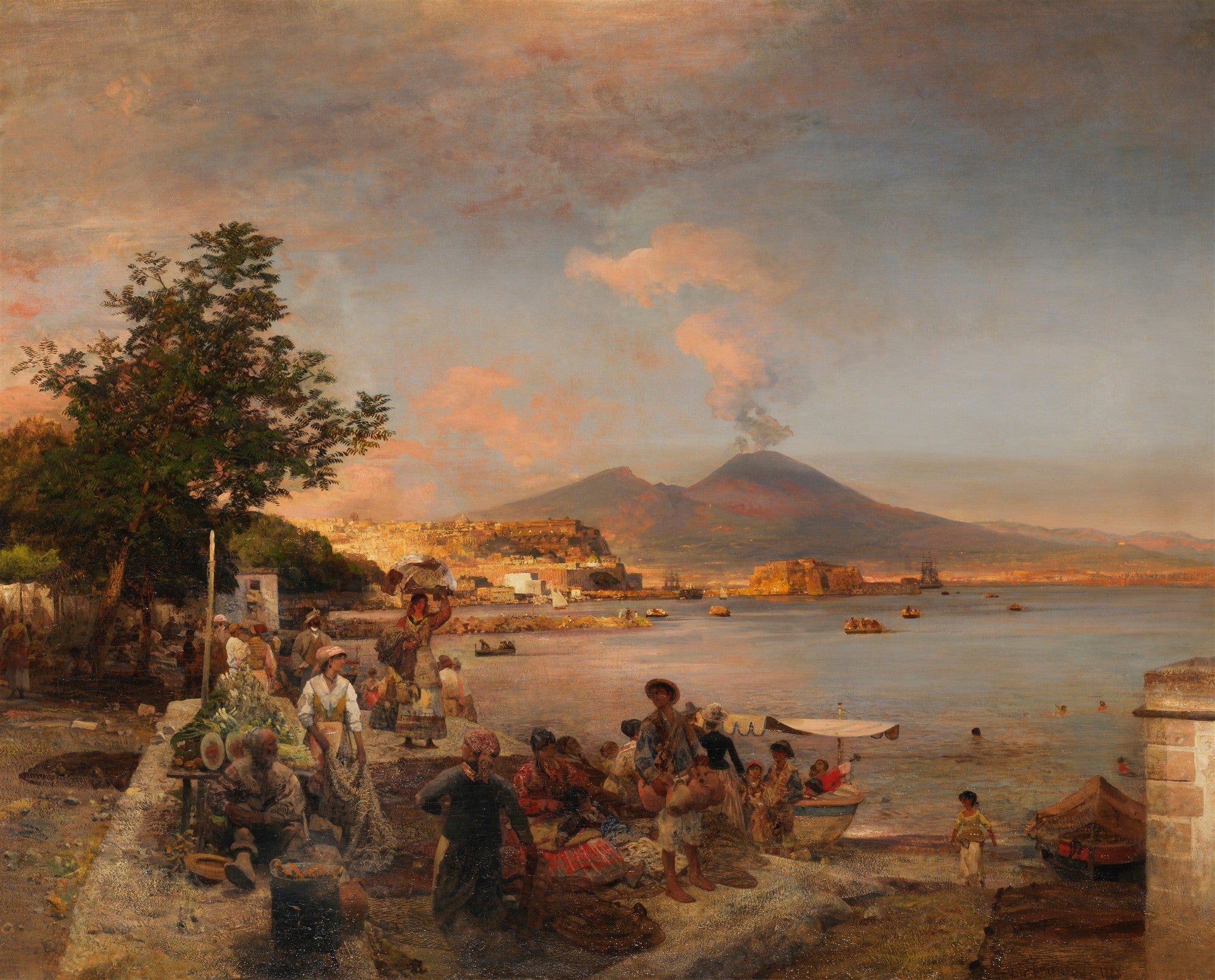 Quadro de Oswald Achenbach, 'Mercado em Nápoles', mostrando uma cena de mercado movimentada à beira-mar com o Vesúvio ao fundo, sob um céu alaranjado.