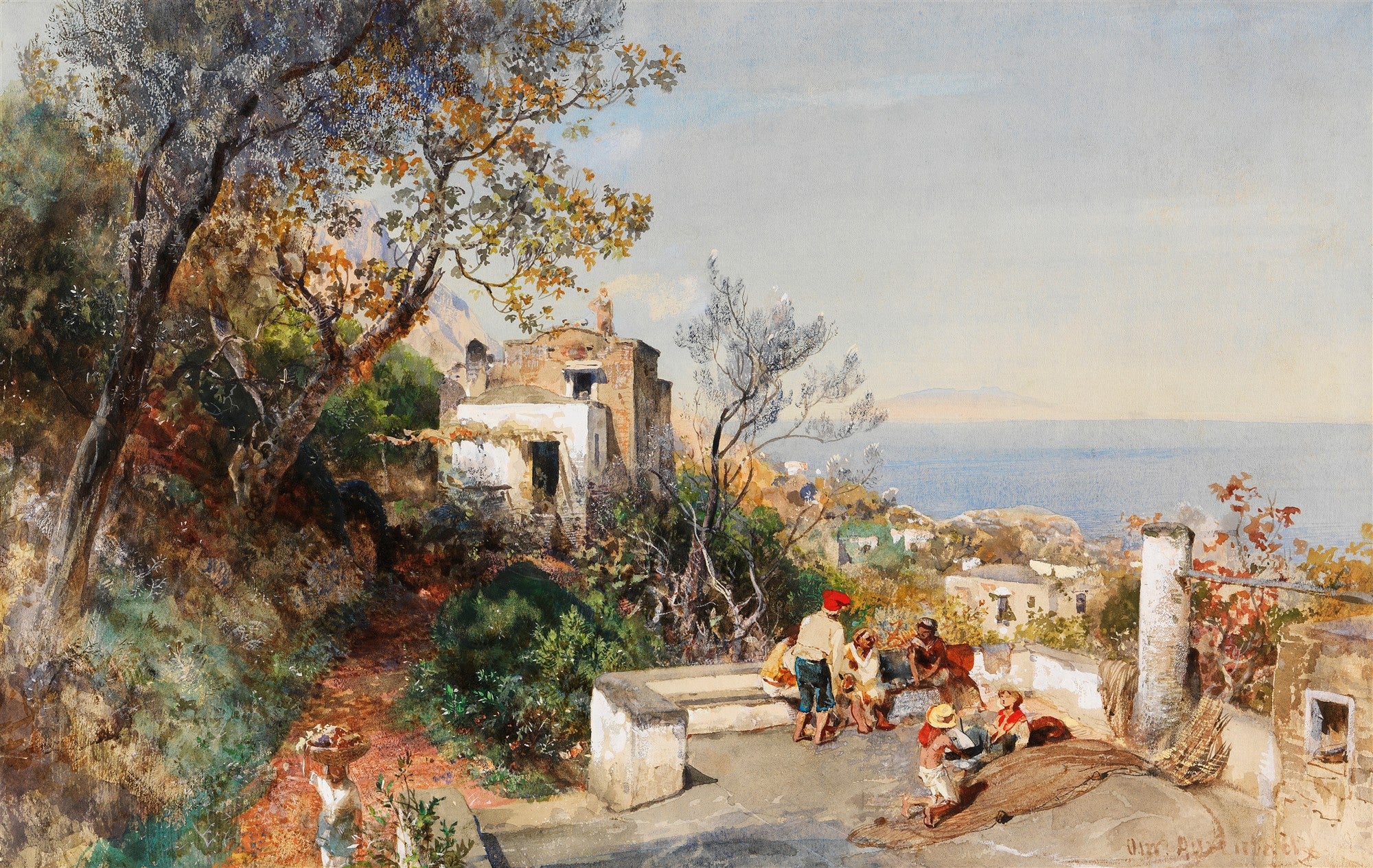 Quadro decorativo mostrando uma cena costeira ensolarada na Itália, com casas brancas, vegetação exuberante, figuras em trajes tradicionais e o mar azul ao fundo, atribuído a Oswald Achenbach.