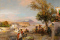 Pintura a óleo de Oswald Achenbach mostrando uma cena movimentada em um porto italiano ao entardecer, com o Monte Vesúvio ao fundo. Pessoas em trajes tradicionais, barcos na água e um grande árvore à direita em primeiro plano.