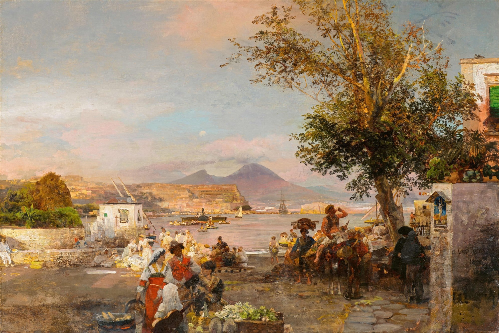Pintura a óleo de Oswald Achenbach mostrando uma cena movimentada em um porto italiano ao entardecer, com o Monte Vesúvio ao fundo. Pessoas em trajes tradicionais, barcos na água e um grande árvore à direita em primeiro plano.