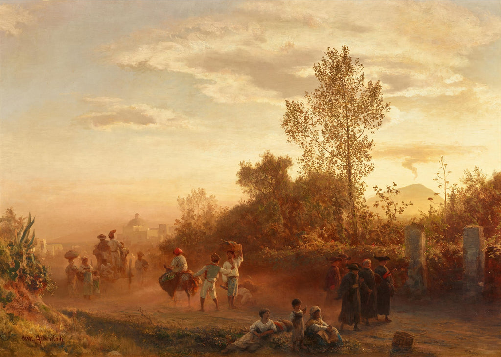Quadro decorativo de Oswald Achenbach, mostrando uma cena campestre italiana ao pôr do sol com pessoas, animais e um vulcão ao fundo.
