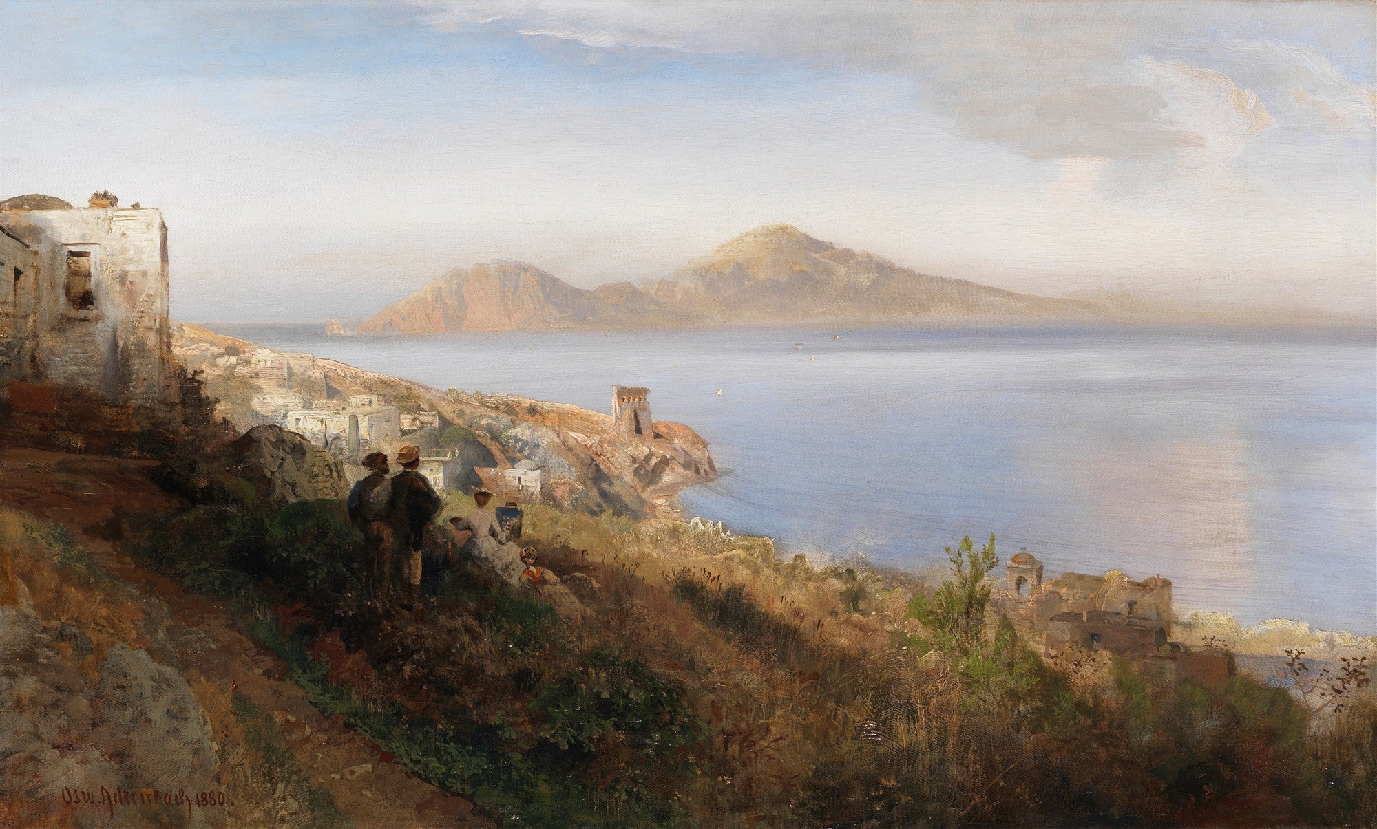 Quadro decorativo paisagem mediterrânea com mar azul, montanhas distantes, vila costeira e figuras humanas em primeiro plano, atribuído a Oswald Achenbach.