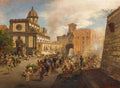 Quadro decorativo mostrando uma cena de mercado movimentado em uma cidade europeia, possivelmente Nápoles, com edifícios históricos e uma grande cúpula ao fundo, atribuído a Oswald Achenbach.