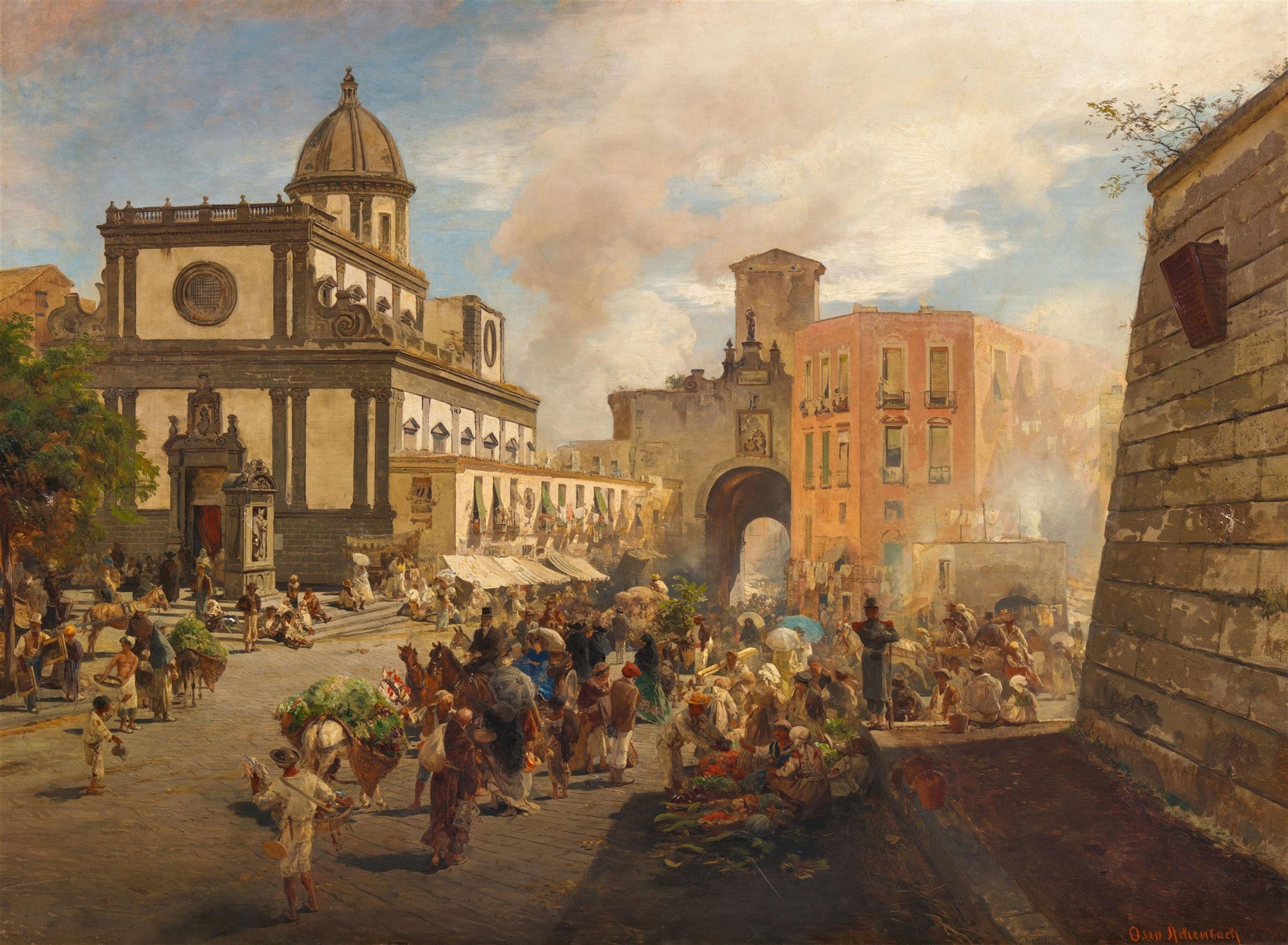 Quadro decorativo mostrando uma cena de mercado movimentado em uma cidade europeia, possivelmente Nápoles, com edifícios históricos e uma grande cúpula ao fundo, atribuído a Oswald Achenbach.