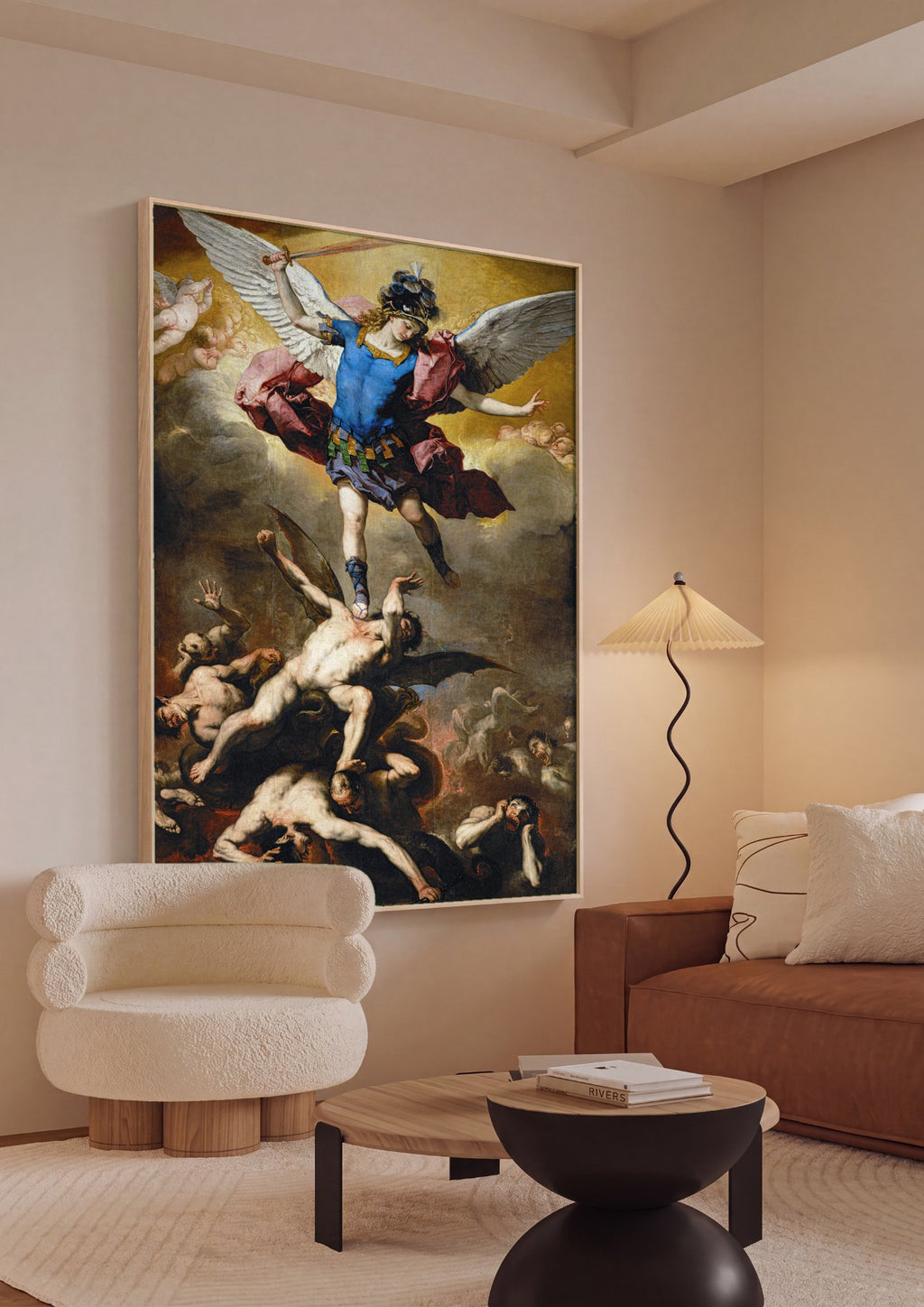 Quadro Decorativo Arcanjo Miguel Derrota Anjos Rebeldes - Luca Giordano em ambiente decorado